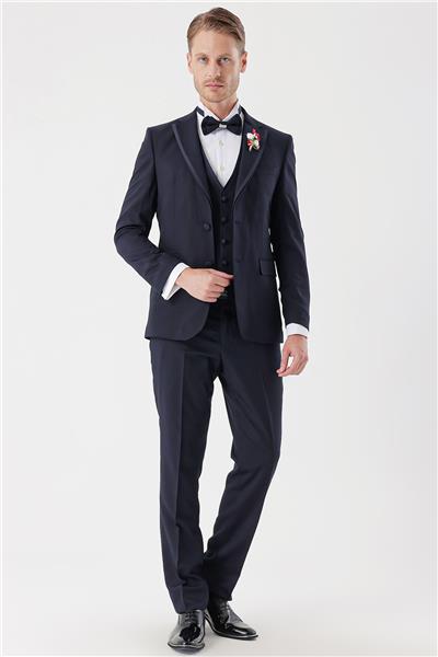 Koyu Lacivert Çıkarılabilir Mono Yaka Yelekli 6 Drop Slim Fit Smokin Damatlık Takım 1001230202
