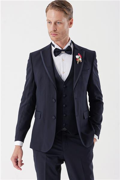 Koyu Lacivert Çıkarılabilir Mono Yaka Yelekli 6 Drop Slim Fit Smokin Damatlık Takım 1001230202