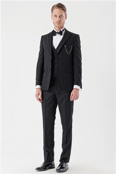 Siyah Armürlü Çıkarılabilir Mono Yaka Yelekli 6 Drop Slim Fit Smokin Damatlık Takım 1001230202