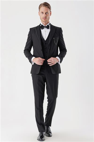 Siyah Armürlü Çıkarılabilir Mono Yaka Yelekli 6 Drop Slim Fit Smokin Damatlık Takım 1001230202