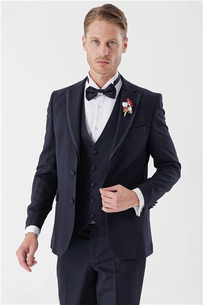 Koyu Lacivert Çıkarılabilir Mono Yaka Yelekli 6 Drop Slim Fit Smokin Damatlık Takım 1001230202