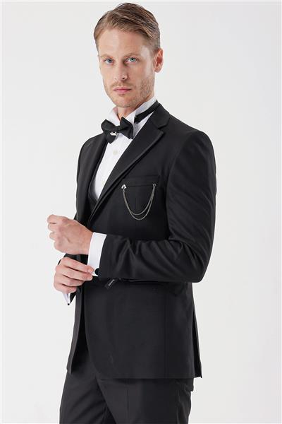 Siyah Armürlü Çıkarılabilir Mono Yaka Yelekli 6 Drop Slim Fit Smokin Damatlık Takım 1001230202