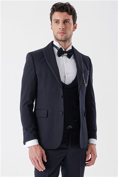 Koyu Lacivert Desenli Armürlü Kruvaze 6 Drop Slim Fit Smokin Damatlık Takım 1001230214