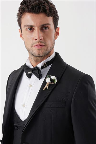 Siyah Desenli Armürlü Kruvaze 6 Drop Slim Fit Smokin Damatlık Takım 1001230214