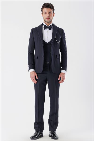 Koyu Lacivert Desenli Armürlü Kruvaze 6 Drop Slim Fit Smokin Damatlık Takım 1001230214