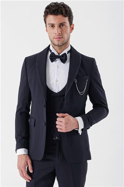 Koyu Lacivert Desenli Armürlü Kruvaze 6 Drop Slim Fit Smokin Damatlık Takım 1001230214