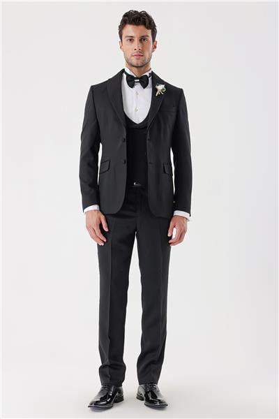 Siyah Desenli Armürlü Kruvaze 6 Drop Slim Fit Smokin Damatlık Takım 1001230214