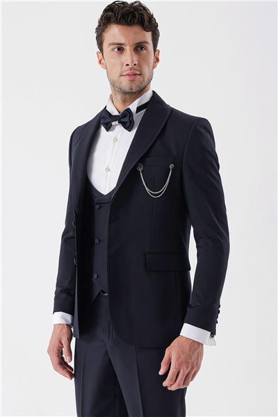 Koyu Lacivert Desenli Armürlü Kruvaze 6 Drop Slim Fit Smokin Damatlık Takım 1001230214