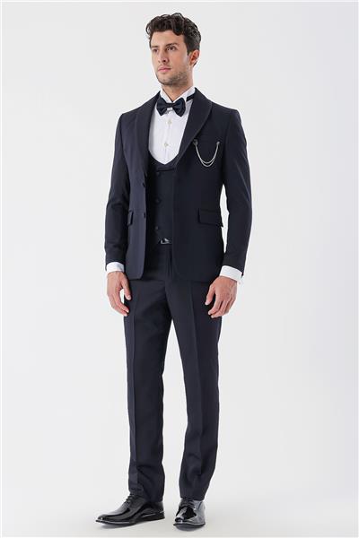 Koyu Lacivert Desenli Armürlü Kruvaze 6 Drop Slim Fit Smokin Damatlık Takım 1001230214