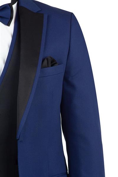 Lacivert Armürlü Mono Yaka Astarlı Yelekli 6 Drop Slim Fit Smokin Damatlık 1001190150