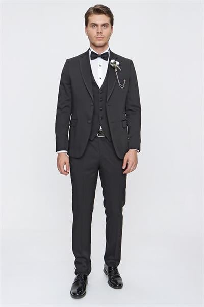 Siyah Armürlü Mono Yaka Astarlı Yelekli 6 Drop Slim Fit Smokin Damatlık 1001220201