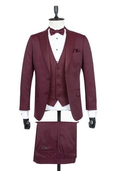 Bordo Armürlü Mono Yaka Astarlı Yelekli 6 Drop Slim Fit Smokin Damatlık 1001195219