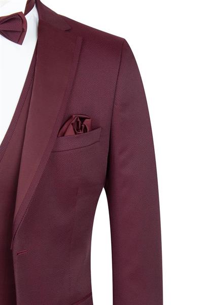 Bordo Armürlü Mono Yaka Astarlı Yelekli 6 Drop Slim Fit Smokin Damatlık 1001195219