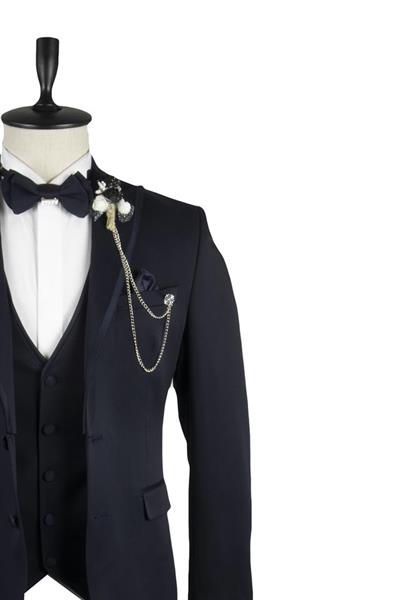 Koyu Lacivert Armürlü Mono Yaka Astarlı Yelekli 6 Drop Slim Fit Smokin Damatlık 1001220201