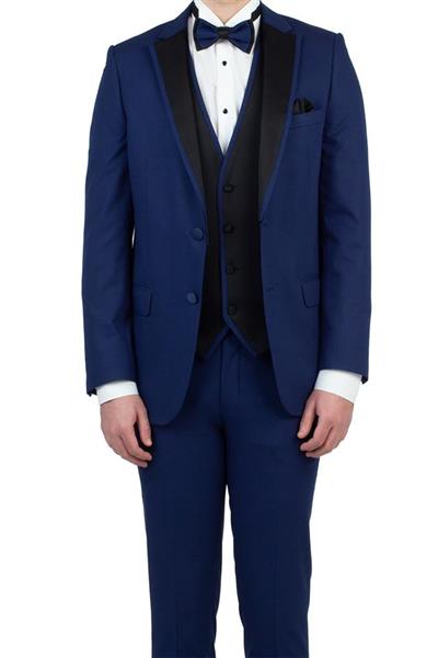 Lacivert Armürlü Mono Yaka Astarlı Yelekli 6 Drop Slim Fit Smokin Damatlık 1001190150