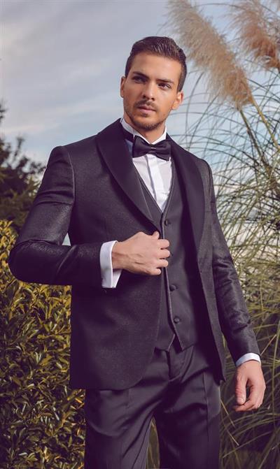 Koyu Lacivert Armürlü Mono Yaka Astarlı Yelekli 6 Drop Slim Fit Smokin Damatlık 1001220205