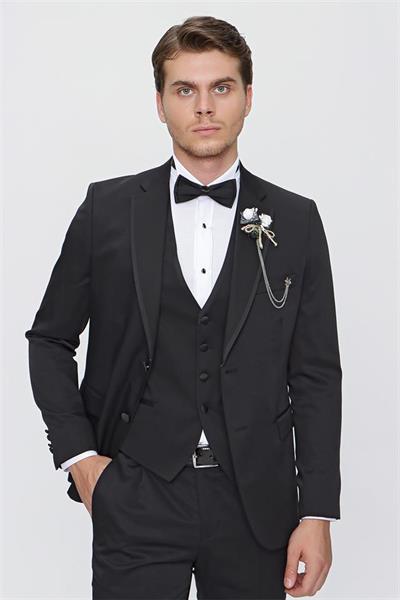 Siyah Armürlü Mono Yaka Astarlı Yelekli 6 Drop Slim Fit Smokin Damatlık 1001220201