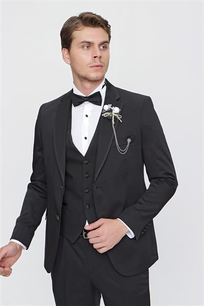 Siyah Armürlü Mono Yaka Astarlı Yelekli 6 Drop Slim Fit Smokin Damatlık 1001220201