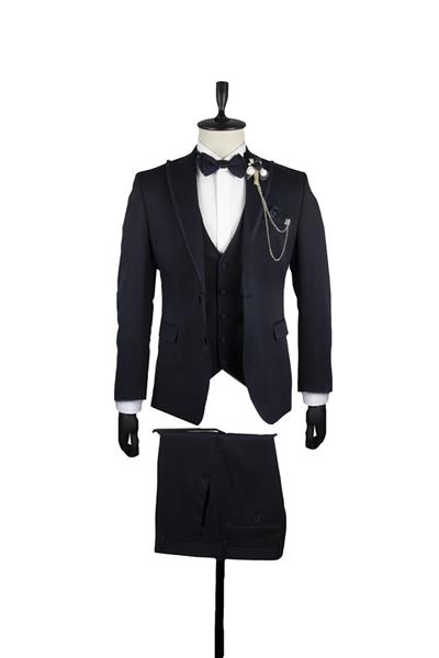 Koyu Lacivert Armürlü Mono Yaka Astarlı Yelekli 6 Drop Slim Fit Smokin Damatlık 1001220201