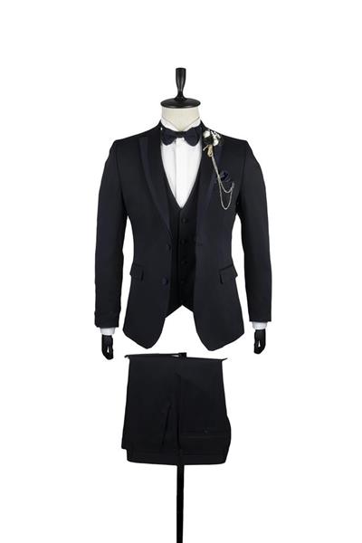 Koyu Lacivert Armürlü Mono Yaka Astarlı Yelekli 6 Drop Slim Fit Smokin Damatlık 1001220202