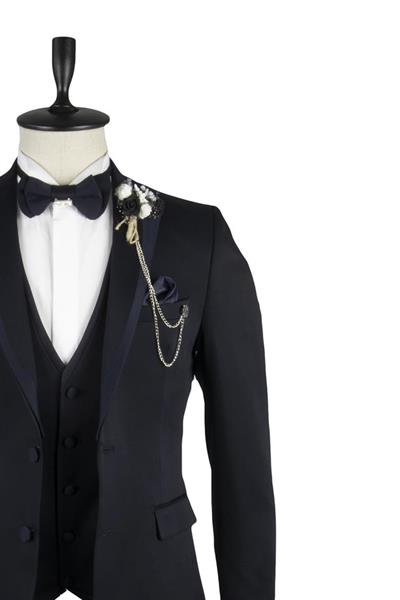 Koyu Lacivert Armürlü Mono Yaka Astarlı Yelekli 6 Drop Slim Fit Smokin Damatlık 1001220202
