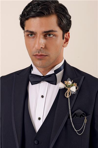 Koyu Lacivert Çıkarılabilir Kırlangıç Yaka Yelekli 6 Drop Slim Fit Smokin Damatlık 1001225203