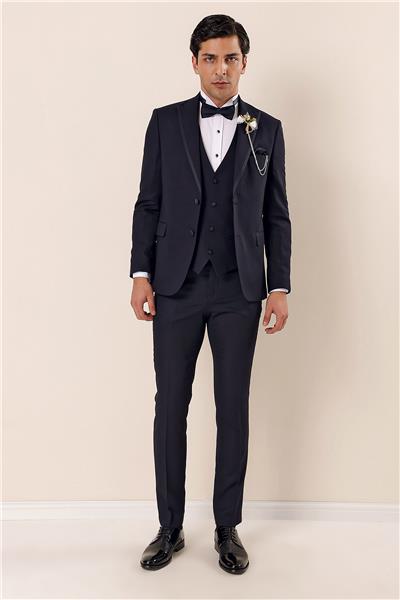 Koyu Lacivert Çıkarılabilir Kırlangıç Yaka Yelekli 6 Drop Slim Fit Smokin Damatlık 1001225203