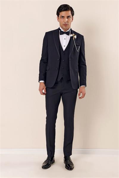 Koyu Lacivert Çıkarılabilir Kırlangıç Yaka Yelekli 6 Drop Slim Fit Smokin Damatlık 1001225203