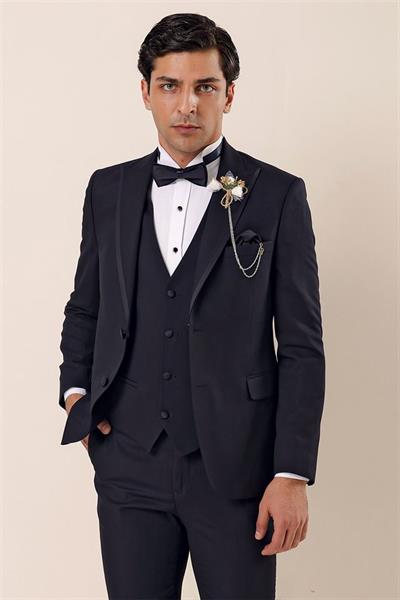 Koyu Lacivert Çıkarılabilir Kırlangıç Yaka Yelekli 6 Drop Slim Fit Smokin Damatlık 1001225203