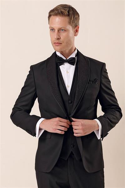 Siyah Desenli Çıkarılabilir Şal Yaka Yelekli 6 Drop Slim Fit Smokin Damatlık Takım 1001230204