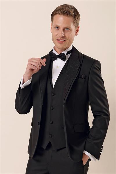 Siyah Desenli Çıkarılabilir Şal Yaka Yelekli 6 Drop Slim Fit Smokin Damatlık Takım 1001230204