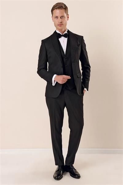 Siyah Desenli Çıkarılabilir Şal Yaka Yelekli 6 Drop Slim Fit Smokin Damatlık Takım 1001230204