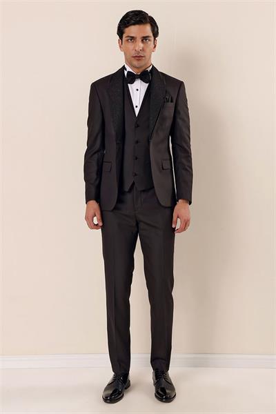 Siyah Desenli Çıkarılabilir Şal Yaka Yelekli 6 Drop Slim Fit Smokin Damatlık Takım 1001230203
