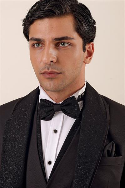 Siyah Desenli Çıkarılabilir Şal Yaka Yelekli 6 Drop Slim Fit Smokin Damatlık Takım 1001230203