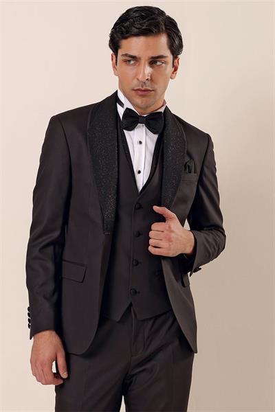 Siyah Desenli Çıkarılabilir Şal Yaka Yelekli 6 Drop Slim Fit Smokin Damatlık Takım 1001230203