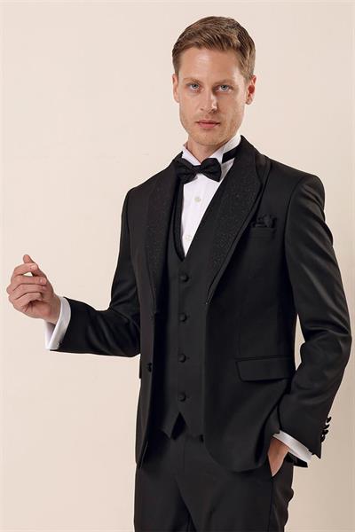Siyah Desenli Çıkarılabilir Şal Yaka Yelekli 6 Drop Slim Fit Smokin Damatlık Takım 1001230204