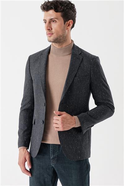 Koyu Antrasit Mono Yaka Astarlı Çift Yırtmaç 6 Drop Slim Fit Klasik Ceket 1002235132