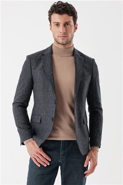 Koyu Antrasit Mono Yaka Astarlı Çift Yırtmaç 6 Drop Slim Fit Klasik Ceket 1002235132
