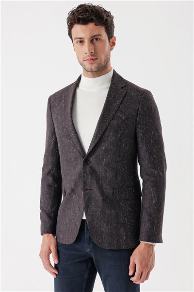 Bordo Desenli Mono Yaka Astarlı Çift Yırtmaç 6 Drop Slim Fit Dar Kesim Klasik Ceket 1002235132