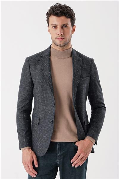 Koyu Antrasit Mono Yaka Astarlı Çift Yırtmaç 6 Drop Slim Fit Klasik Ceket 1002235132
