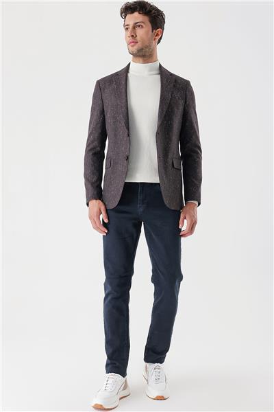Bordo Desenli Mono Yaka Astarlı Çift Yırtmaç 6 Drop Slim Fit Dar Kesim Klasik Ceket 1002235132