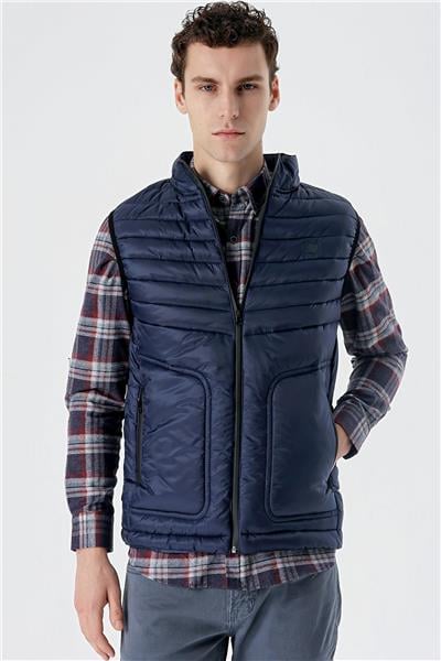 Koyu Lacivert Dik Yaka Dolumlu Casual Şişme Yelek 1009235153