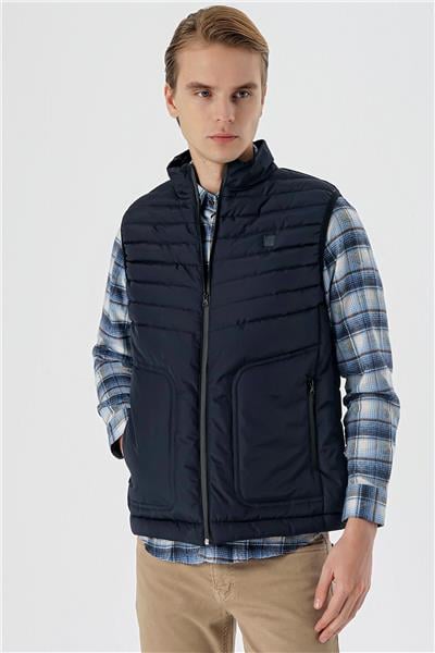 Koyu Lacivert Dik Yaka Dolumlu Casual Şişme Yelek 1009235152