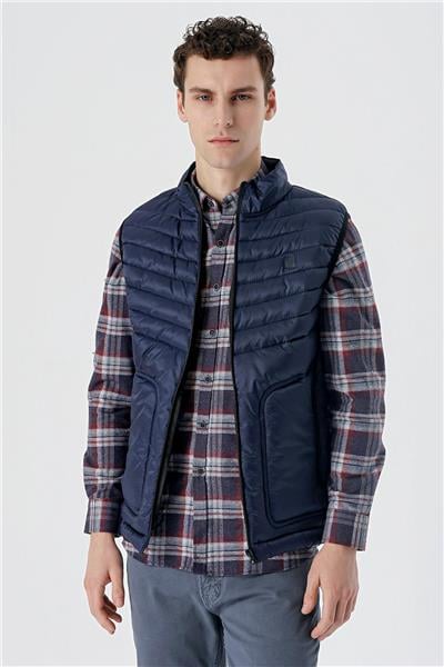 Koyu Lacivert Dik Yaka Dolumlu Casual Şişme Yelek 1009235153