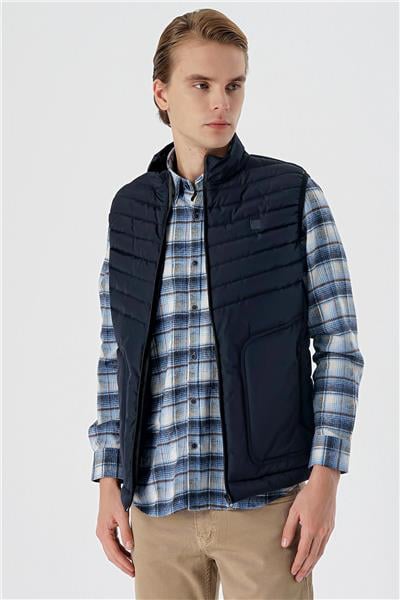 Koyu Lacivert Dik Yaka Dolumlu Casual Şişme Yelek 1009235152