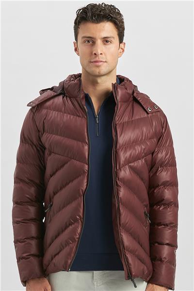 Bordo Dolumlu Çıkarılabilir Kapüşonlu Astarlı Slim Fit Dar Kesim Casual Mont 1007245151