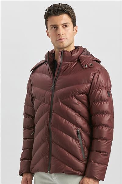 Bordo Dolumlu Çıkarılabilir Kapüşonlu Astarlı Slim Fit Dar Kesim Casual Mont 1007245151