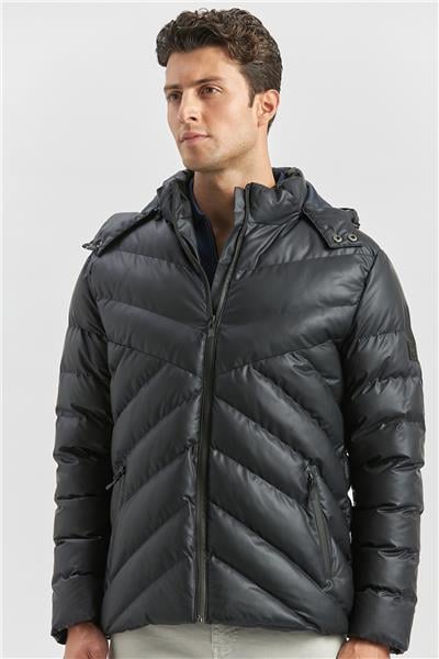 Koyu Lacivert Dolumlu Çıkarılabilir Kapüşonlu Astarlı Slim Fit Dar Kesim Casual Mont 1007245151