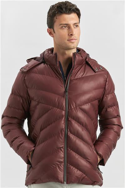 Bordo Dolumlu Çıkarılabilir Kapüşonlu Astarlı Slim Fit Dar Kesim Casual Mont 1007245151