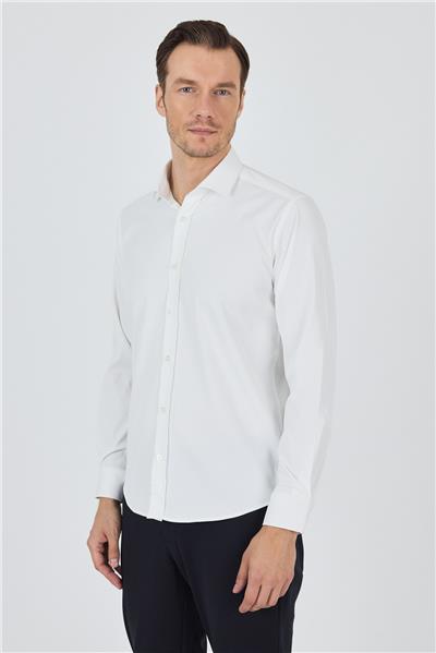 Ekru Yarım İtalyan Yaka Cepsiz Gabardin Uzun Kol Slim Fit Esnek Gömlek 1004250235